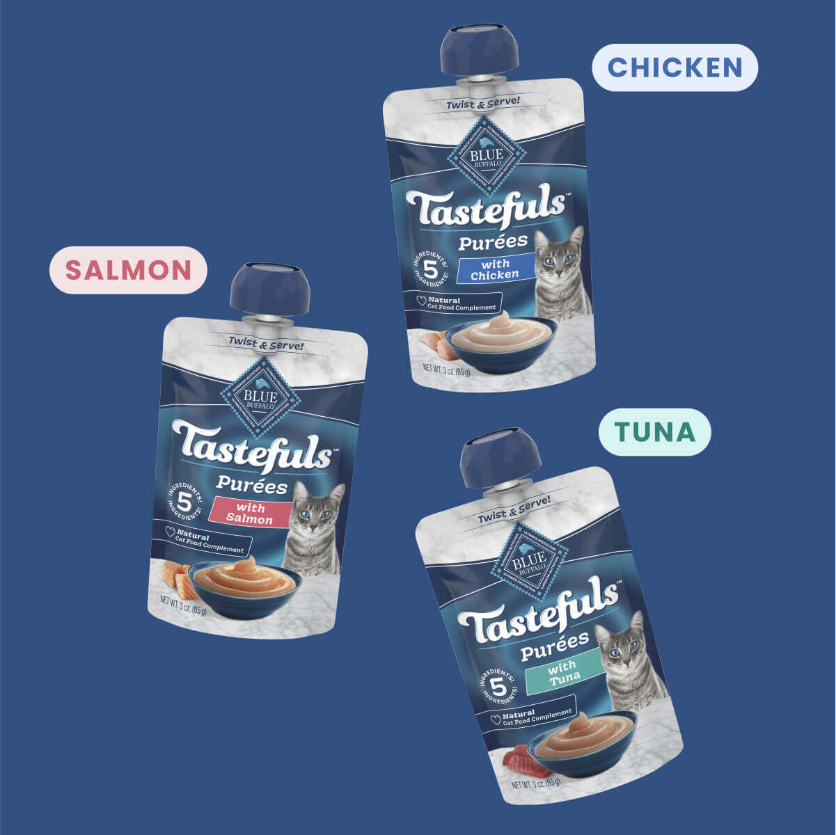 Tasteful cat Pur&eacute;es chicken, salmon and tuna packs
