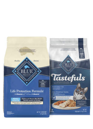 Two bags of pet food: one for adult dogs and one for indoor adult cats.